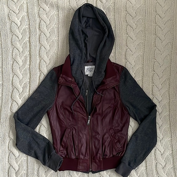 Dravus Faux Leather Vest + Hoodie Layered Jacket - Burgundy & Dark Grey - Picture 1 of 9
